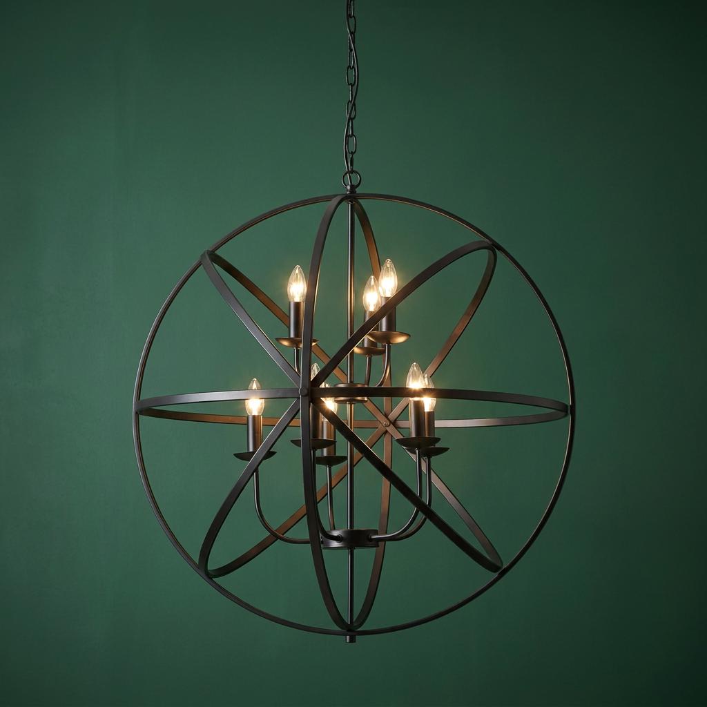 Matt black spherical cage chandelier with eight lit candle-style bulbs against a dark green wall.