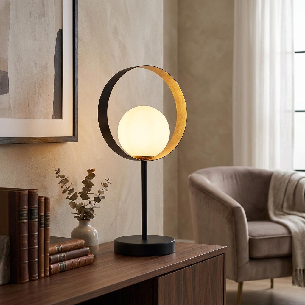 Matt black orbital table lamp with an opal glass globe on a wooden sideboard next to vintage books.