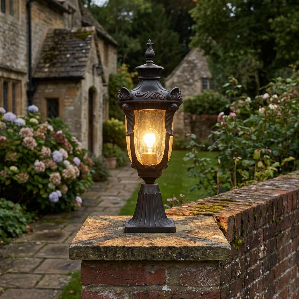 Bronze ornate outdoor pedestal lantern with warm light, mounted on a brick wall in a blooming cottage garden.