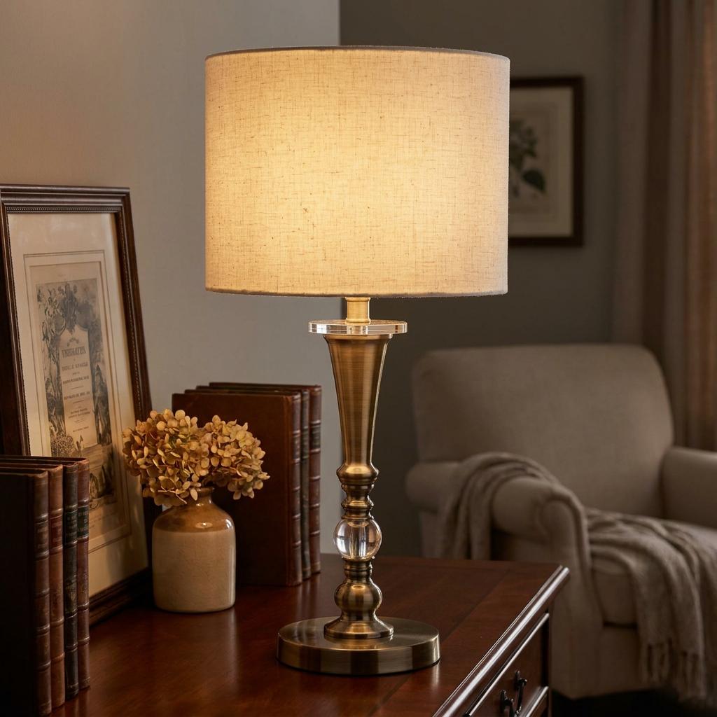 Antique brass table lamp with crystal accents and a linen shade on a dark wooden sideboard.