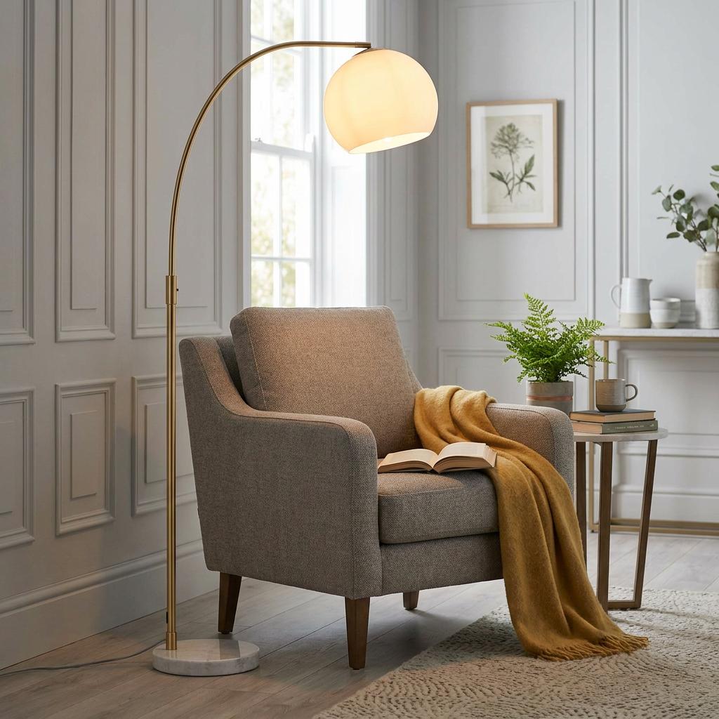 Otto Modern Brass Arc Floor Lamp with a white globe shade arching over a grey armchair in a cozy living room.