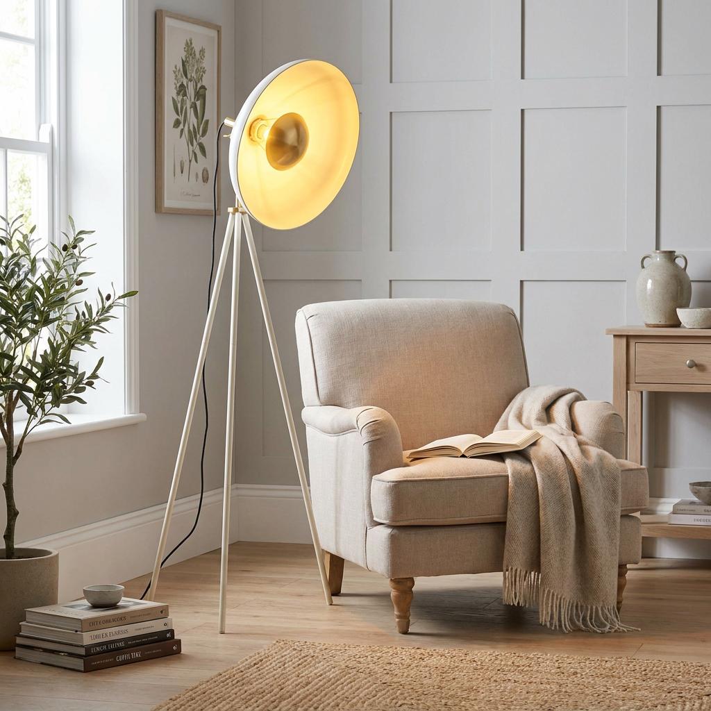 Ovni white industrial tripod floor lamp with a gold-lined dish shade next to a beige armchair in a living room.