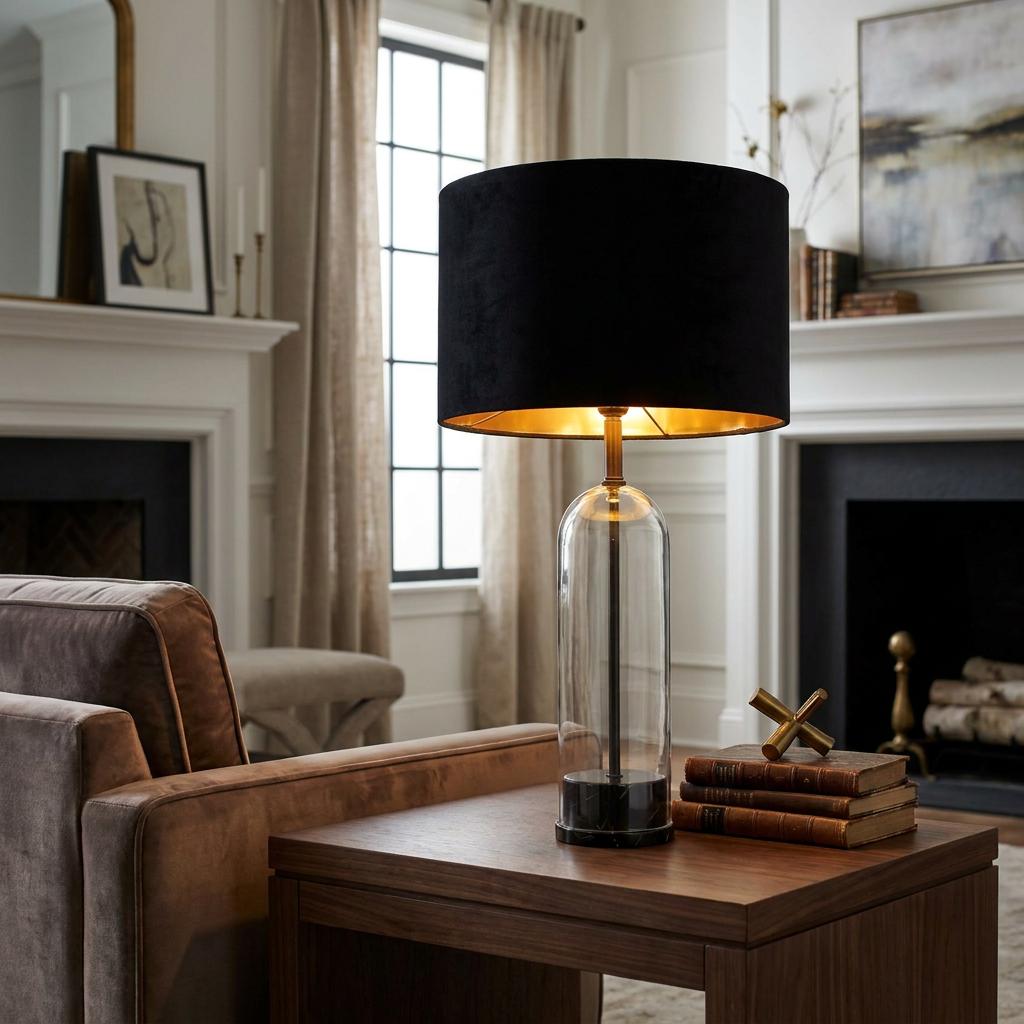 Oxford table lamp with a black velvet shade and glass base on a wooden side table in a cozy living room.