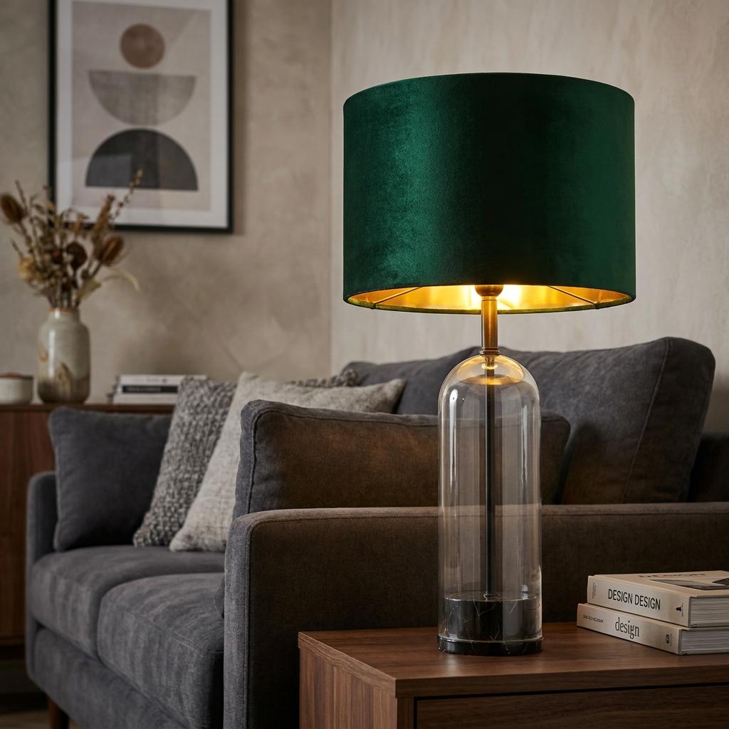 Oxford table lamp with a green velvet shade and clear glass base on a wooden side table in a modern living room.