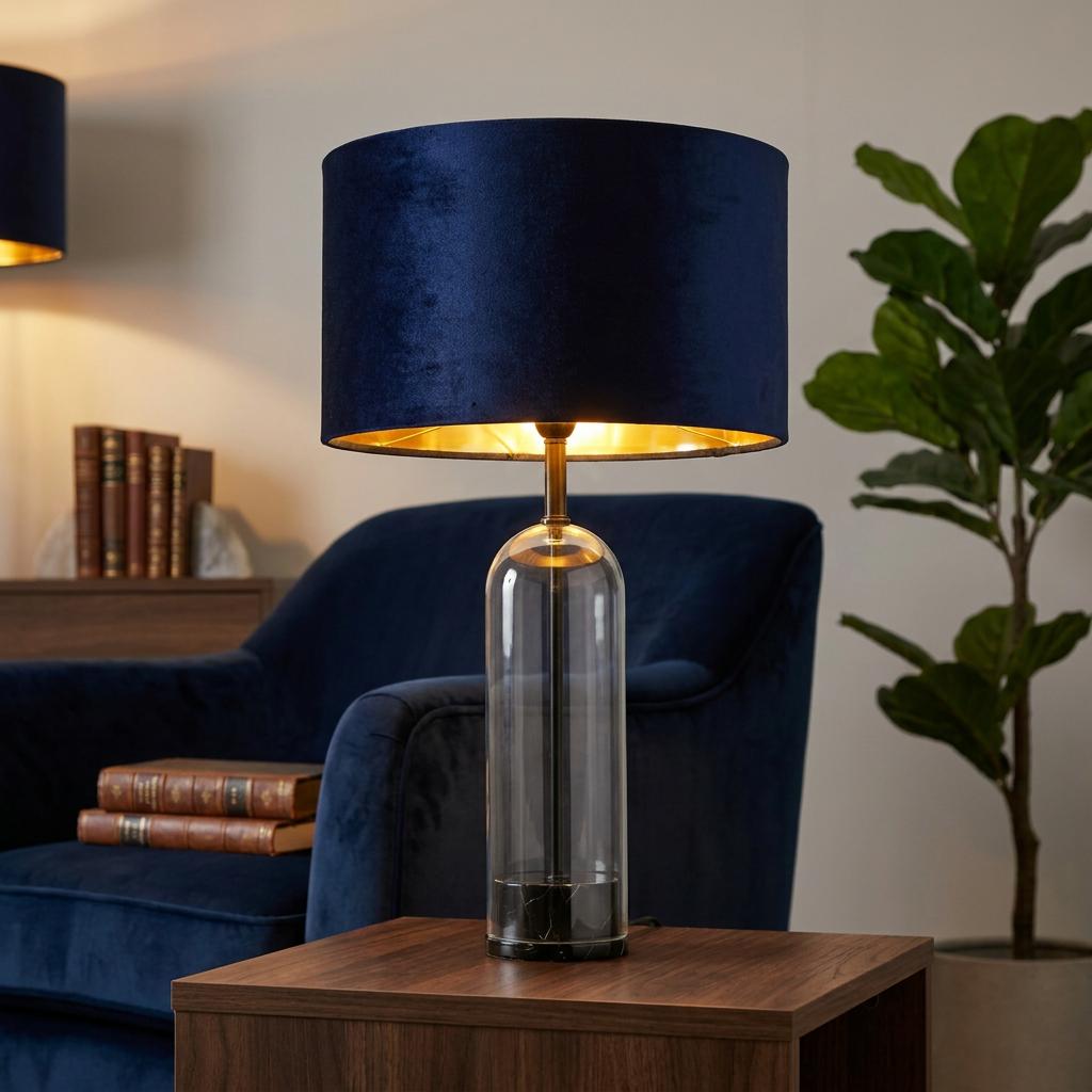 Oxford Table Lamp with a navy velvet shade and clear glass base on a wooden side table in a living room.