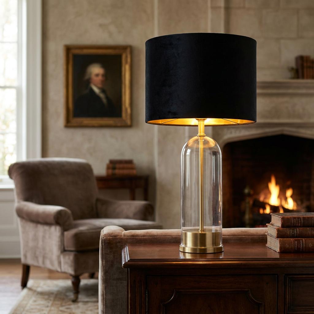 Oxford Table Lamp with a clear glass base and black velvet shade on a wooden table in a room with a fireplace.