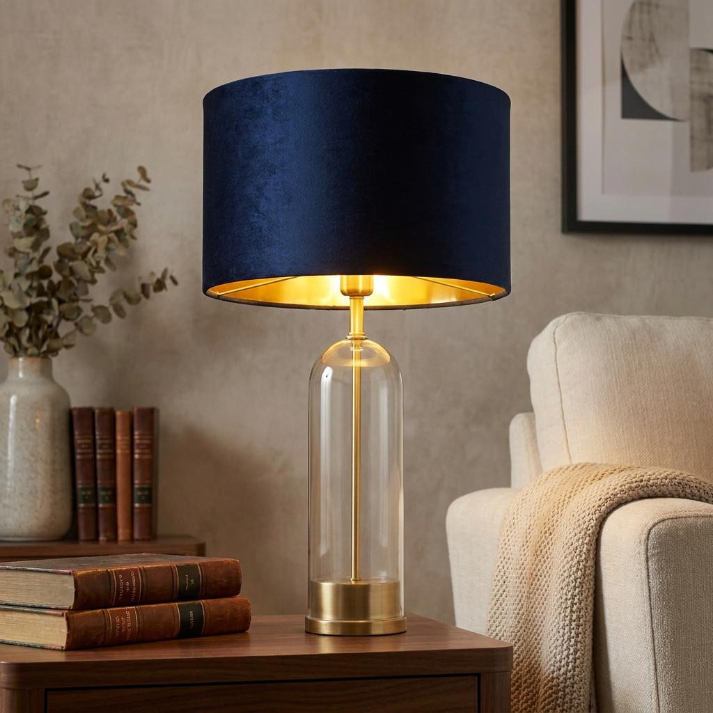 Oxford table lamp with a navy velvet shade and clear glass base, lit on a wooden table in a cozy living room.
