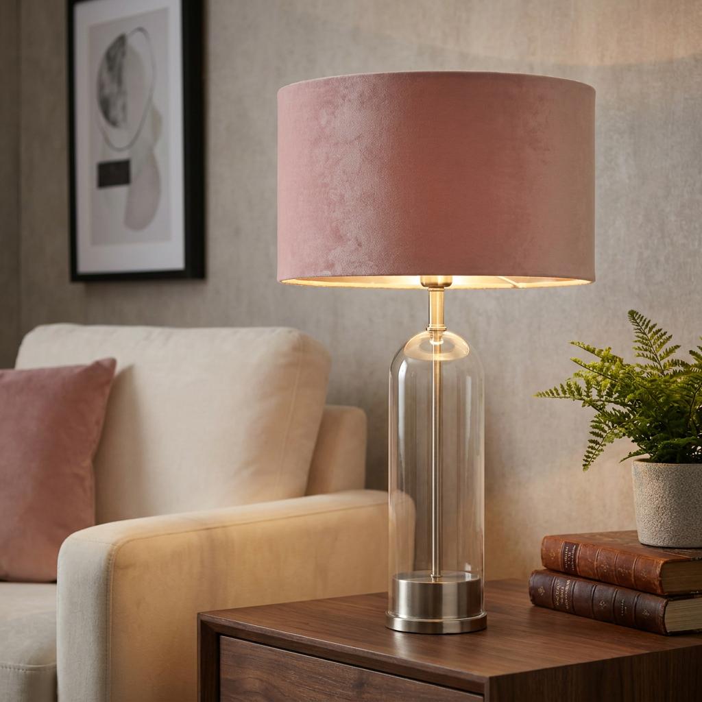 Oxford table lamp with a glass base and pink velvet shade illuminated in a cozy living room setting.