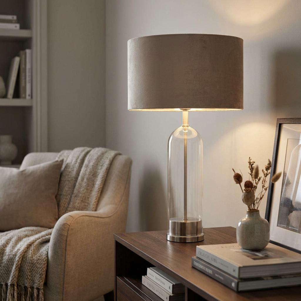 Oxford table lamp with a glass base and taupe velvet shade on a wooden side table in a cozy living room.