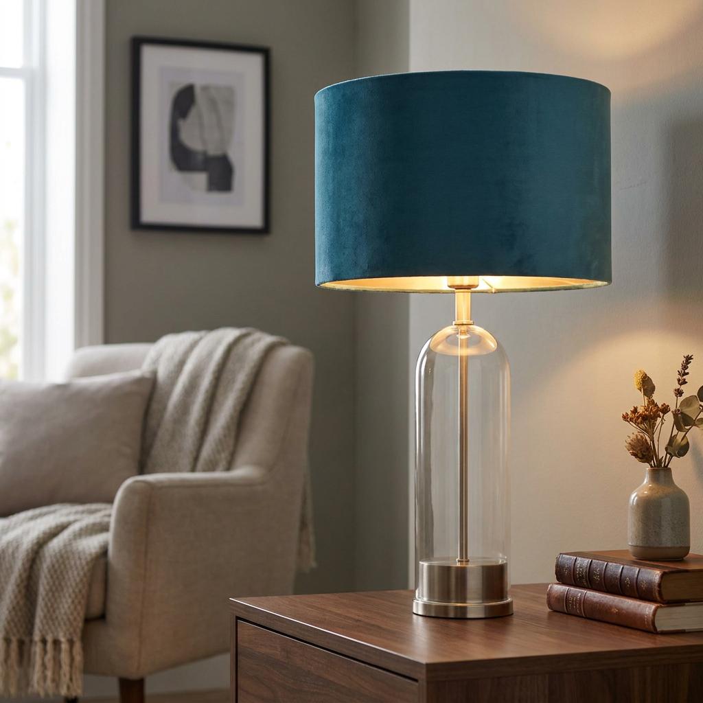 Oxford table lamp with a glass base and teal velvet shade on a wooden table in a modern living room.