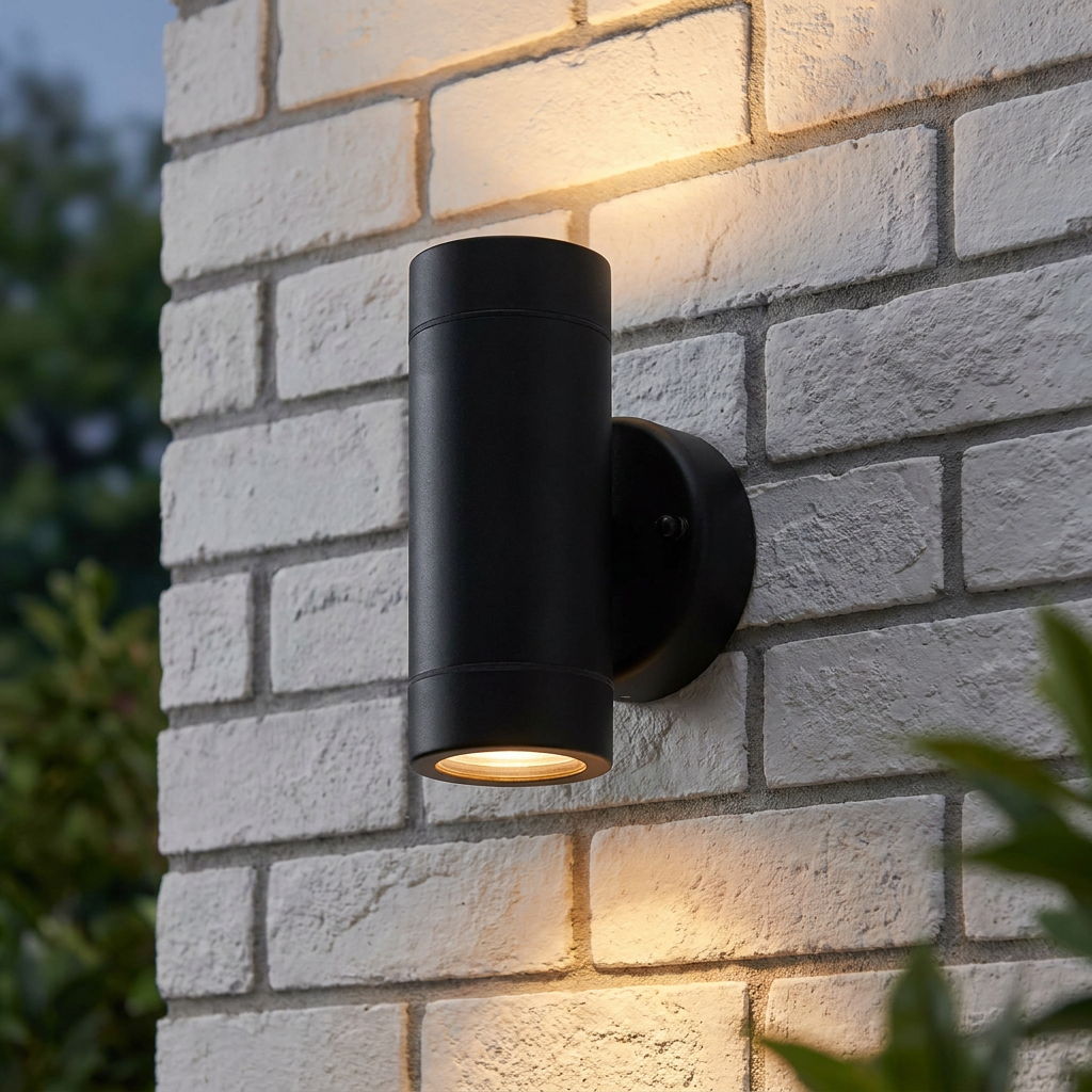 A black cylindrical outdoor wall light illuminating a white brick wall with both up and down light.