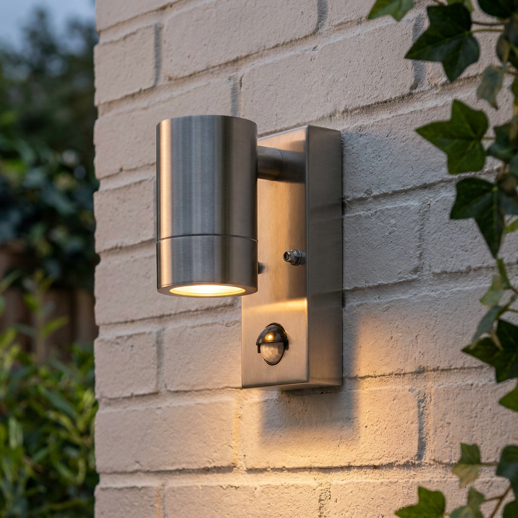 A modern stainless steel cylindrical PIR outdoor wall light mounted on a white brick wall and illuminated.