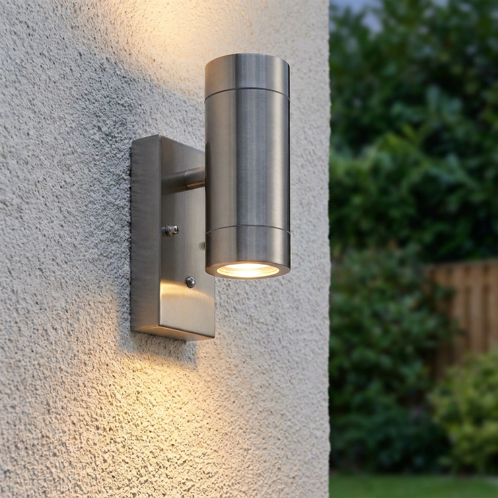 Modern silver cylindrical outdoor wall light illuminating a textured white exterior wall.