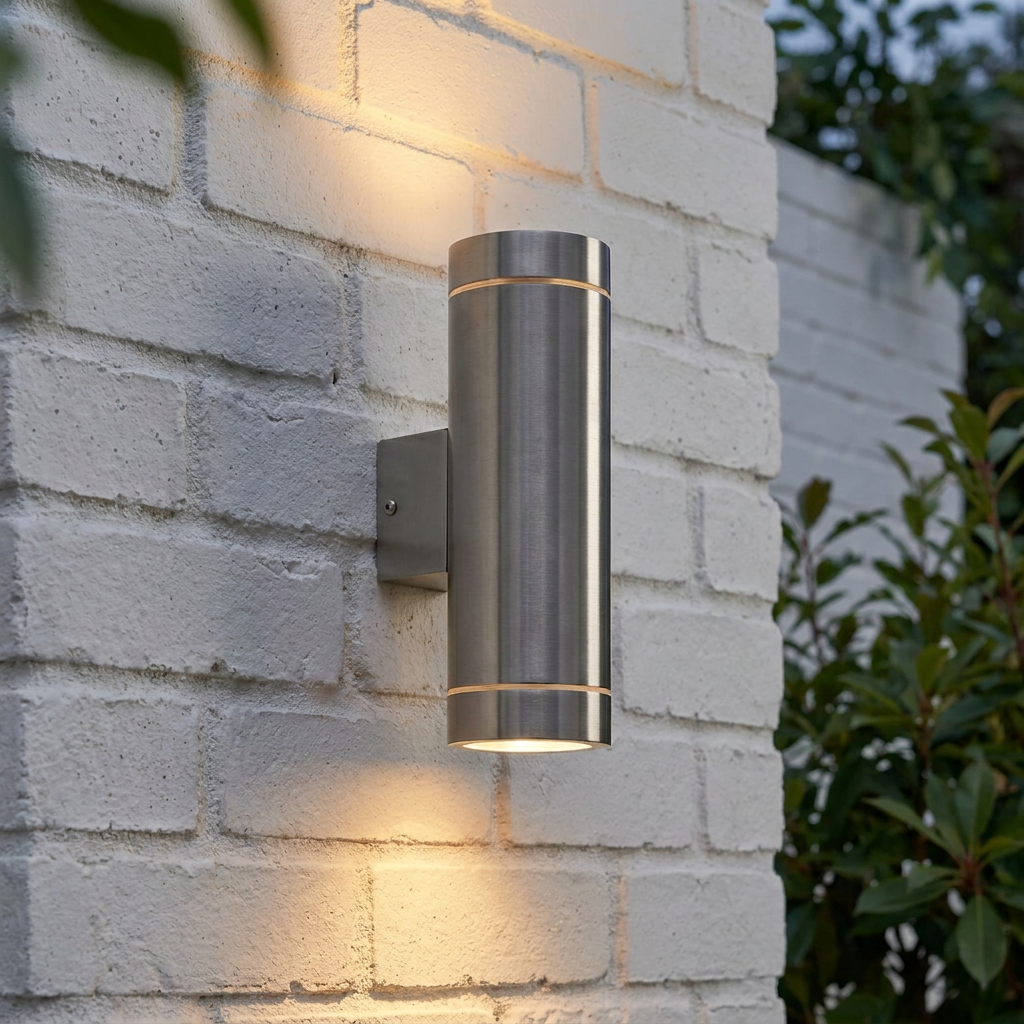 Modern stainless steel cylinder wall light casting warm upward and downward light on a white brick wall.