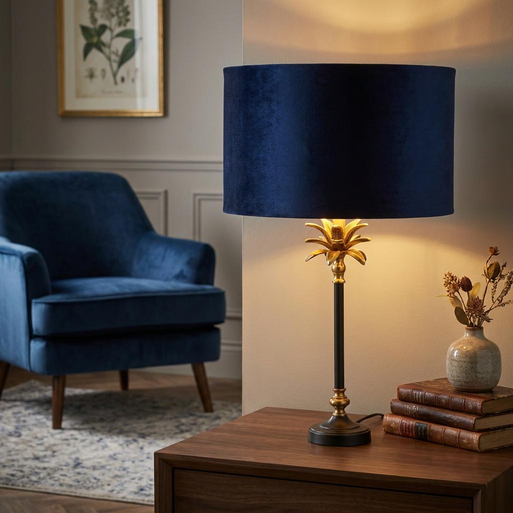 Palm-themed table lamp with antique brass details and a navy velvet shade on a wooden side table.