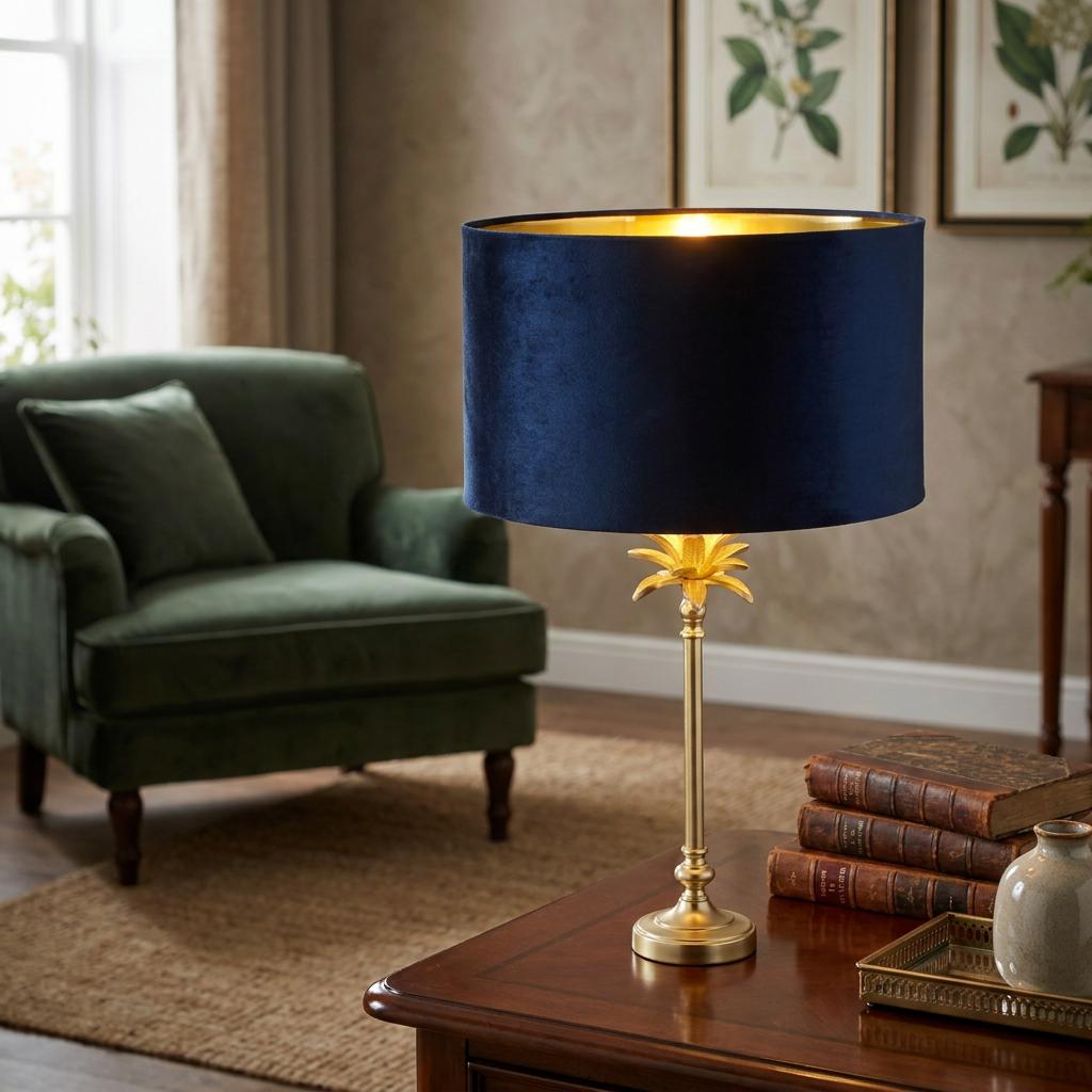 Satin brass palm table lamp with a navy velvet shade on a wooden side table in a cozy living room.