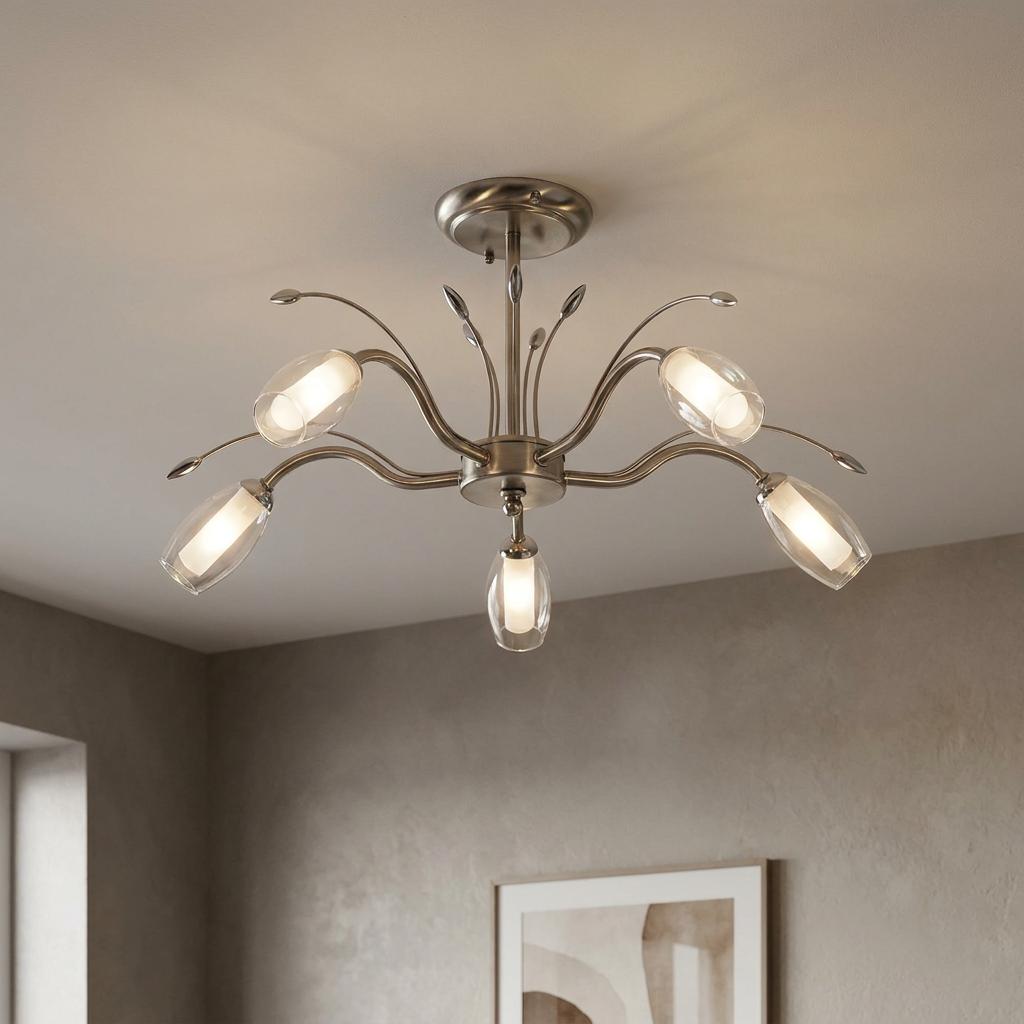 Antique chrome semi-flush ceiling light with five curved arms and clear glass shades mounted on a light gray ceiling.