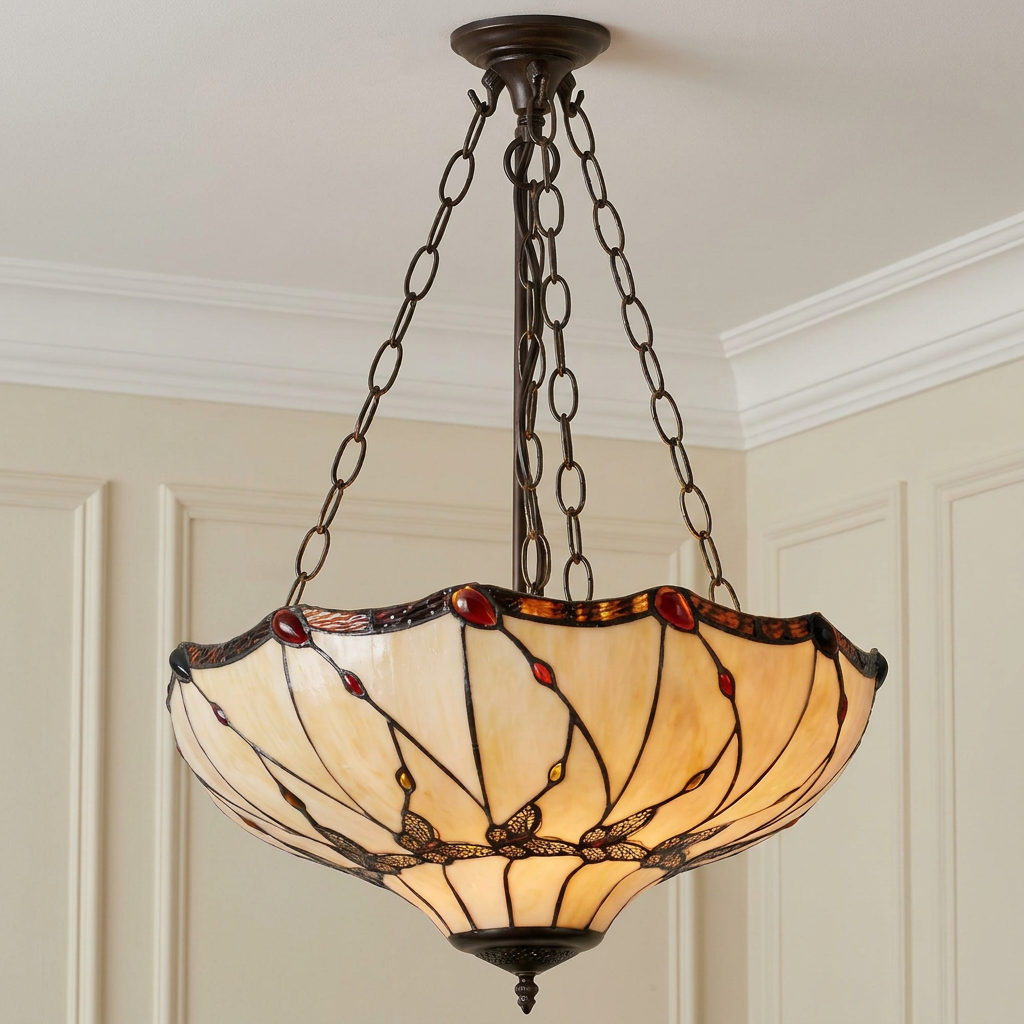 Papillon Inverted Tiffany Ceiling Light with a stained-glass dragonfly design hanging from chains in a neutral room.