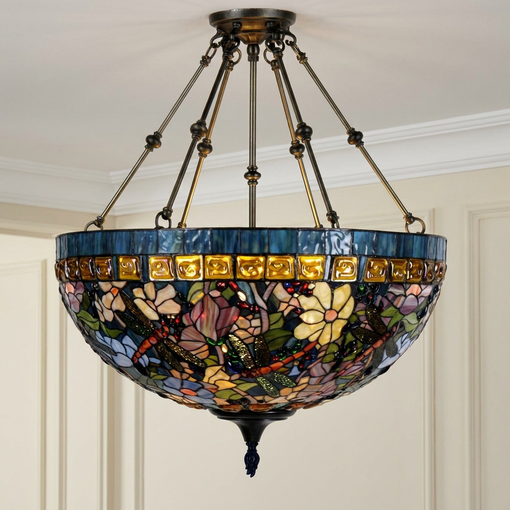 Inverted Tiffany-style ceiling light with a vibrant floral and dragonfly stained glass bowl against a neutral wall.
