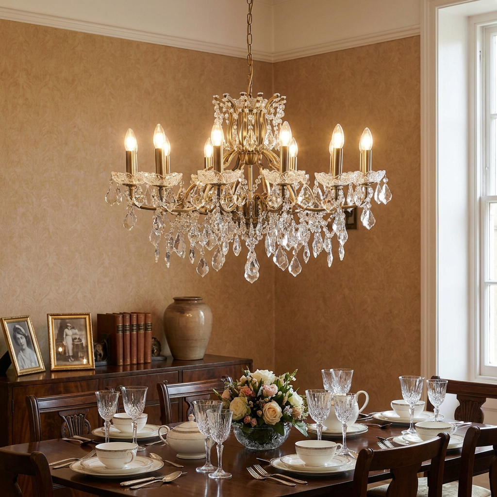 Elegant 12-light brass and crystal chandelier hanging over a formal dining table set for a meal.