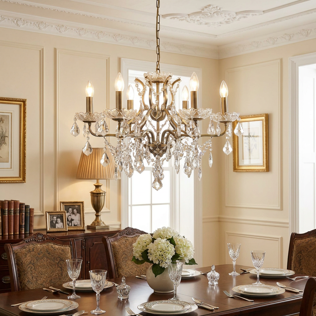 Elegant brass and crystal French style chandelier hanging above a dining table in a traditional, well-lit room.