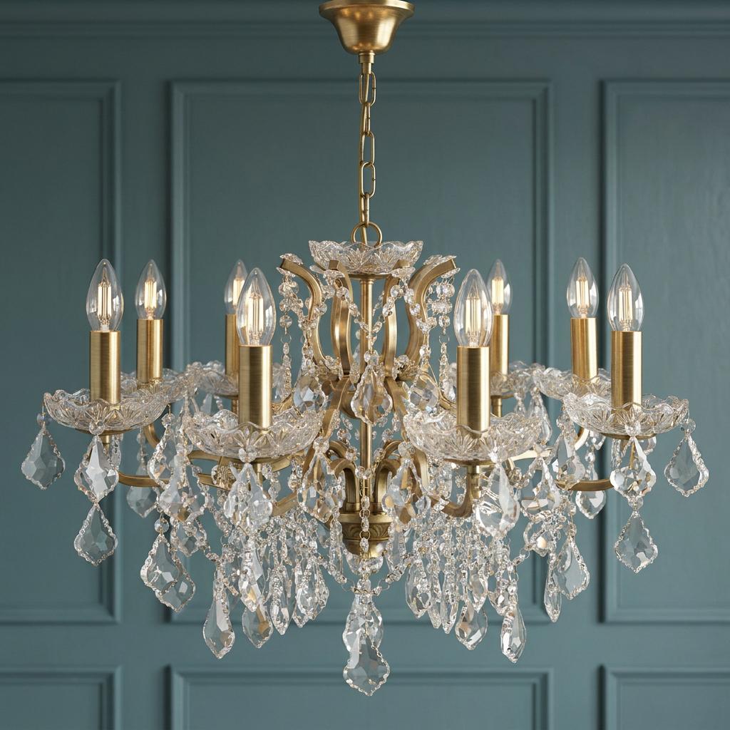 Elegant 8-light brass chandelier with crystal droplets and candle bulbs against a teal paneled wall.