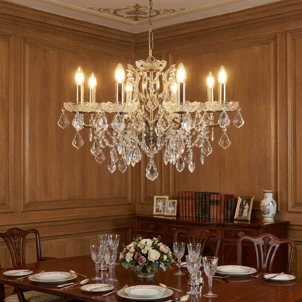 Ornate Paris 8 light brass and crystal French style chandelier hanging in an elegant wood-paneled dining room.