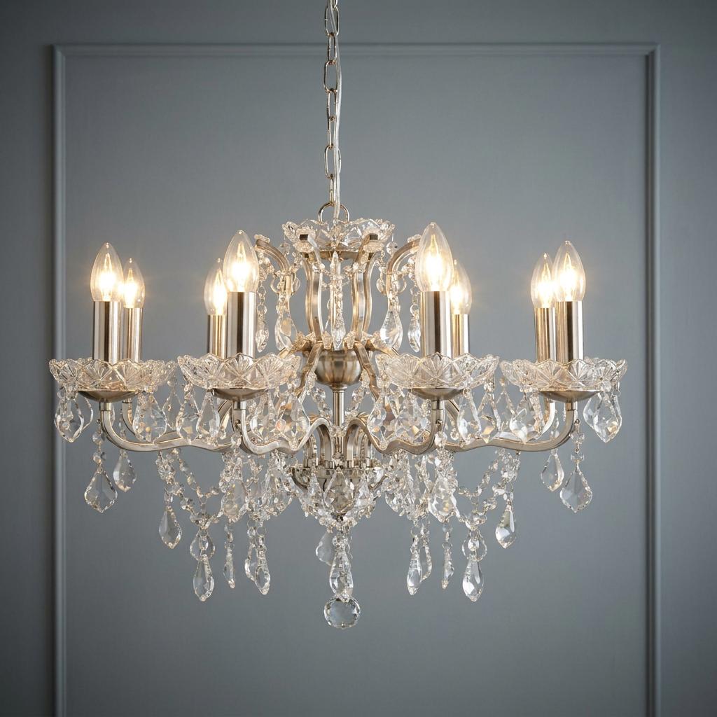 Eight-light silver French style chandelier with crystal droplets and glowing bulbs against a grey paneled wall.