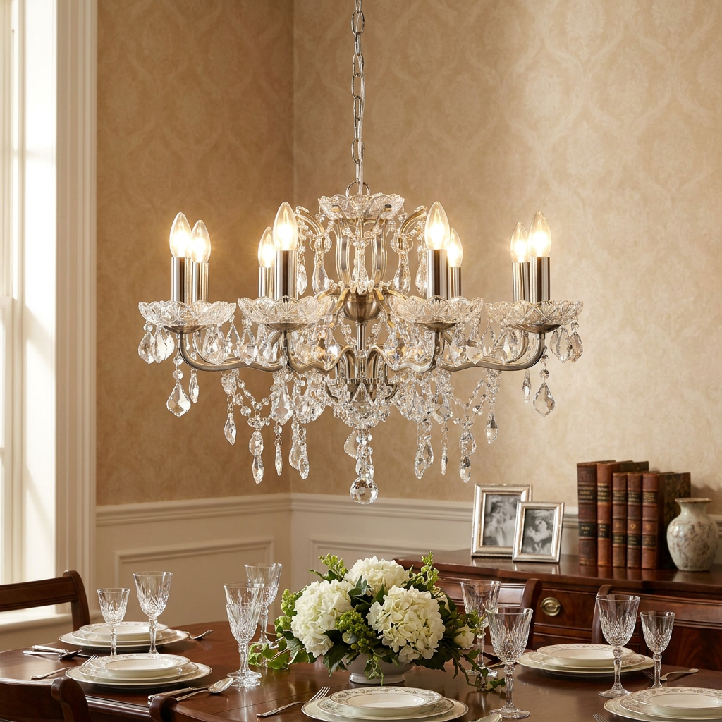 Paris 8-light silver and crystal French-style chandelier hanging over an elegant dining room table setting.