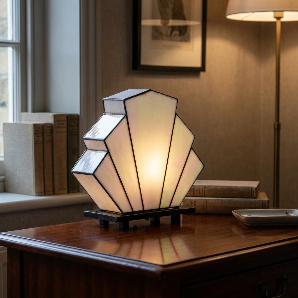 Art Deco fan-shaped Tiffany table lamp with white glass panels glowing on a dark wood desk.