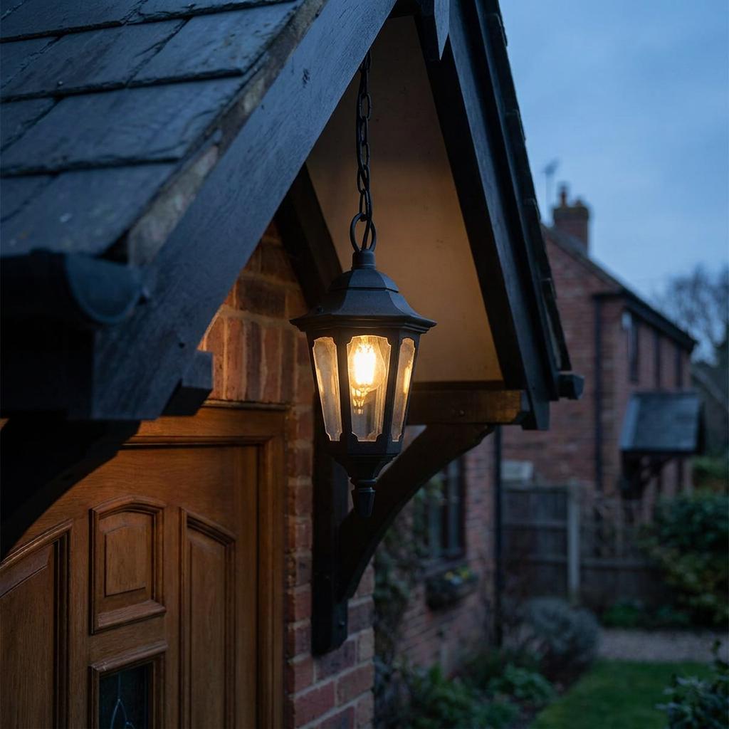Black metal outdoor chain lantern glowing under a wooden porch roof at dusk.
