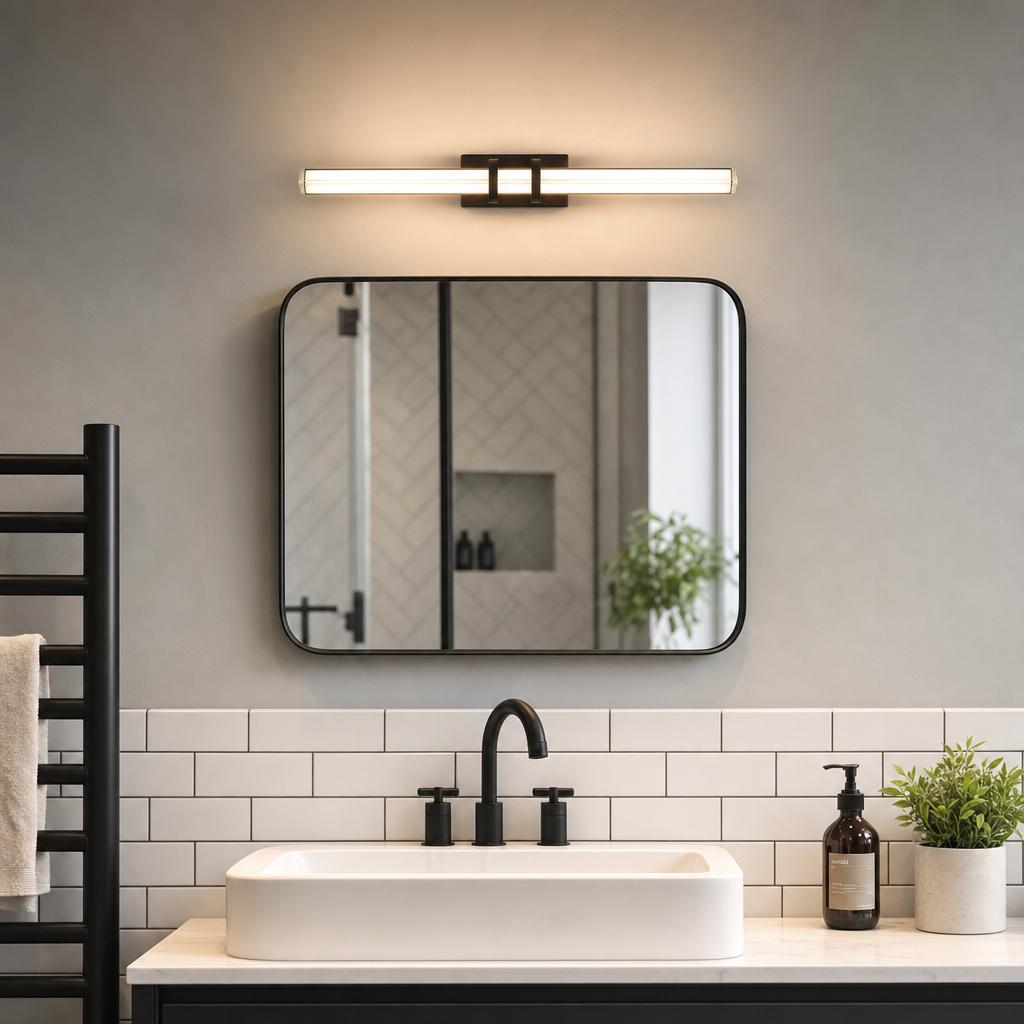 Linear matt black LED wall light mounted above a rectangular mirror in a modern bathroom.
