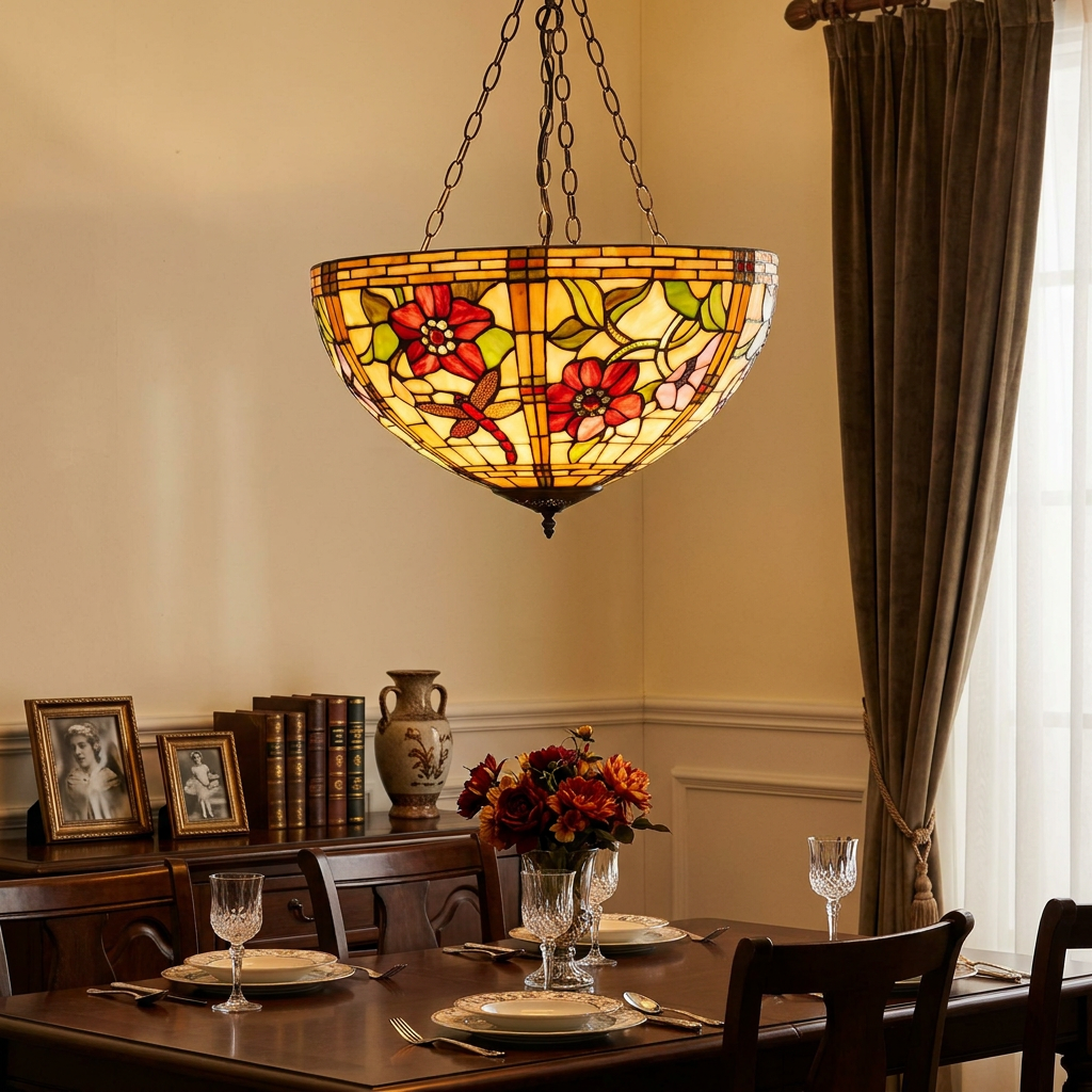 Large inverted Tiffany ceiling light with red floral and dragonfly motifs hanging over a set dining table.