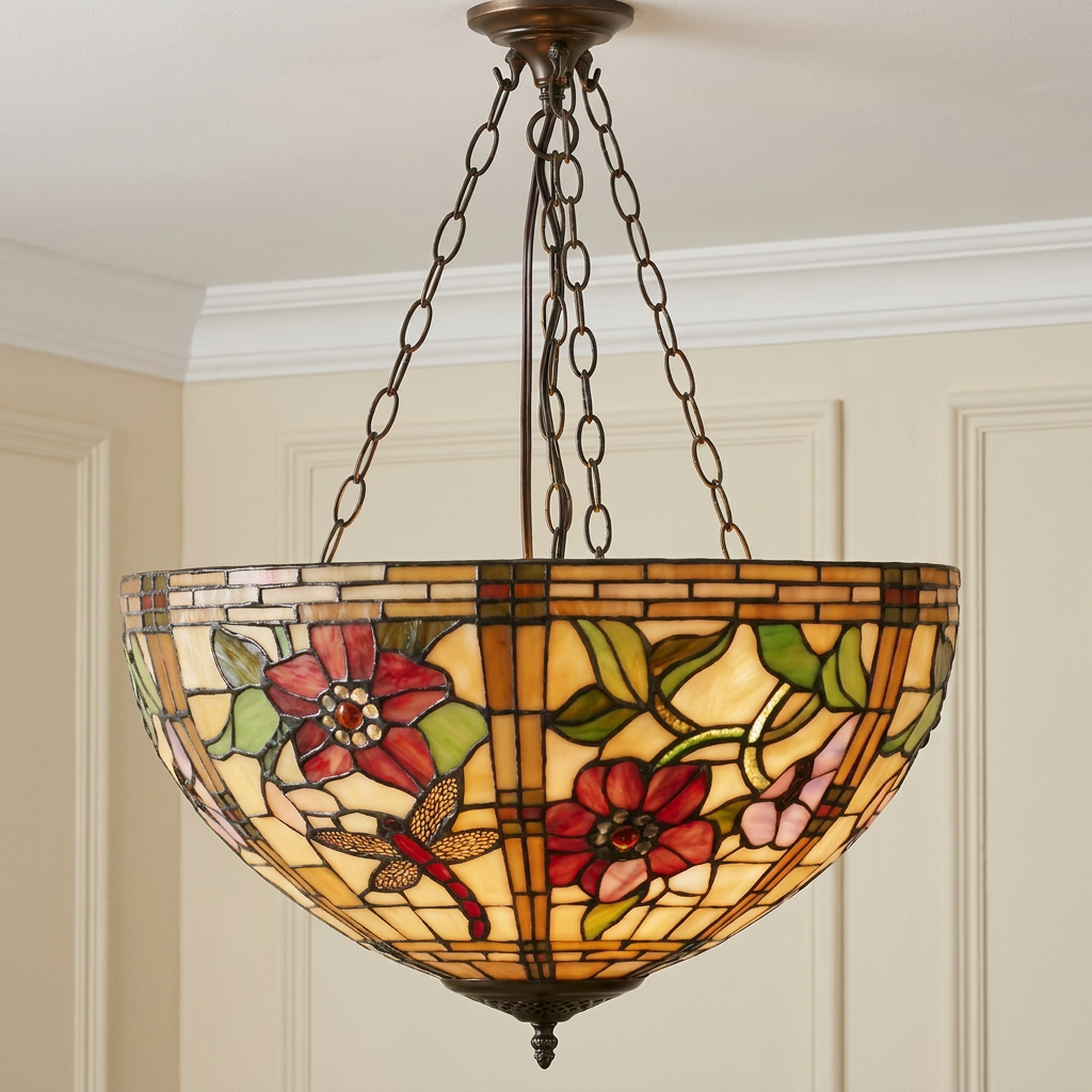 Pavot Large Inverted Tiffany Ceiling Light with floral and dragonfly stained glass shade hanging from bronze chains.