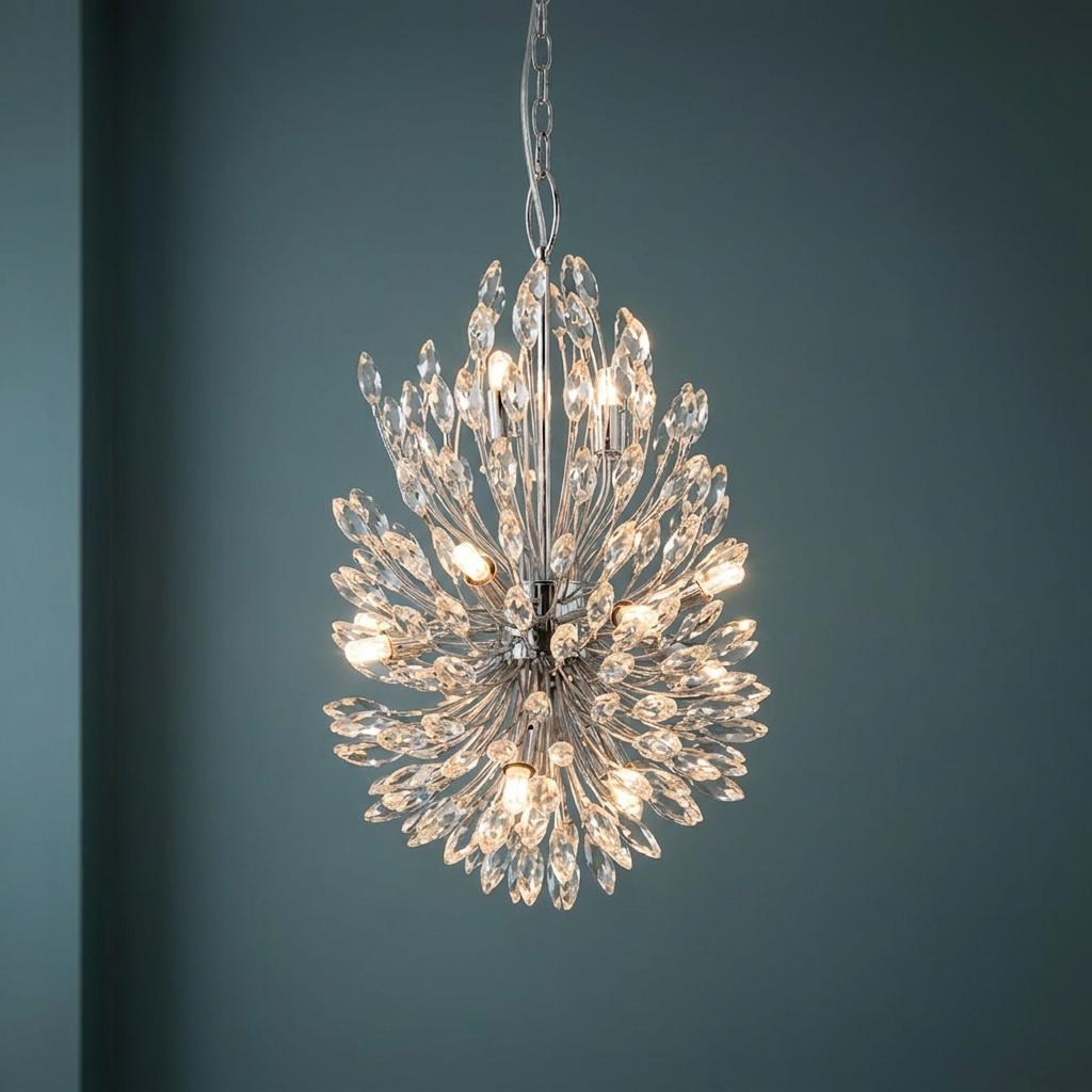 Peacock 14-light crystal and chrome ceiling pendant with a burst-like design lit against a dark teal wall.