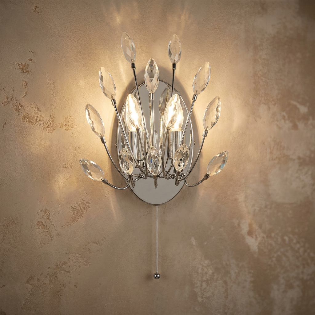 Peacock crystal and chrome 2-light wall sconce with a cord pull, illuminated against a textured beige wall.