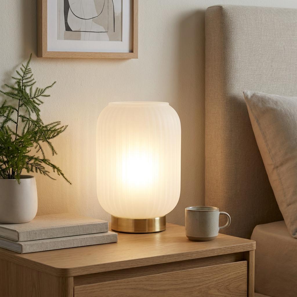 A ribbed frosted white glass table lamp with a satin brass base glowing on a bedside table next to a mug and books.