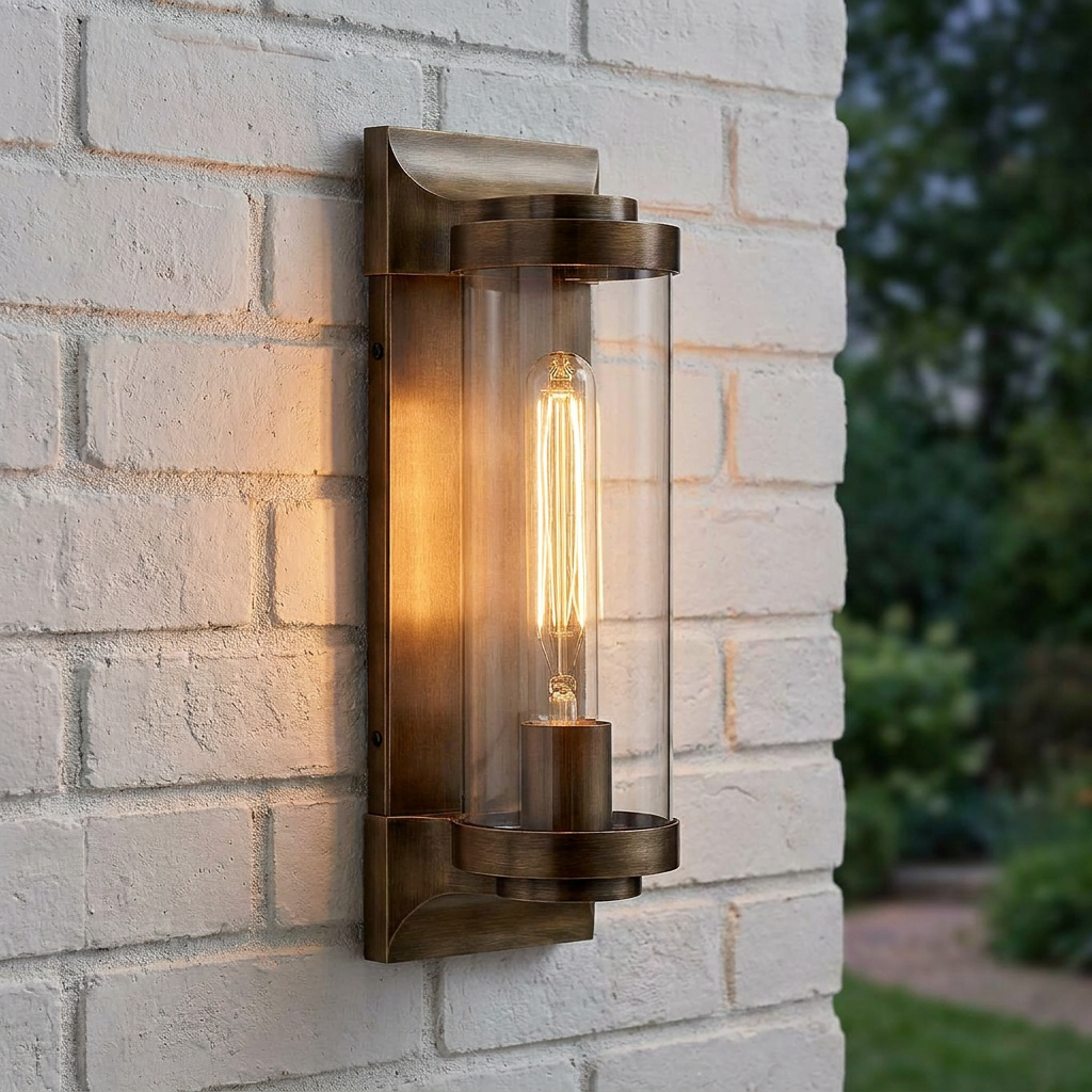Bronze Pearson outdoor wall lantern with a clear glass shade and glowing Edison bulb mounted on a white brick wall.