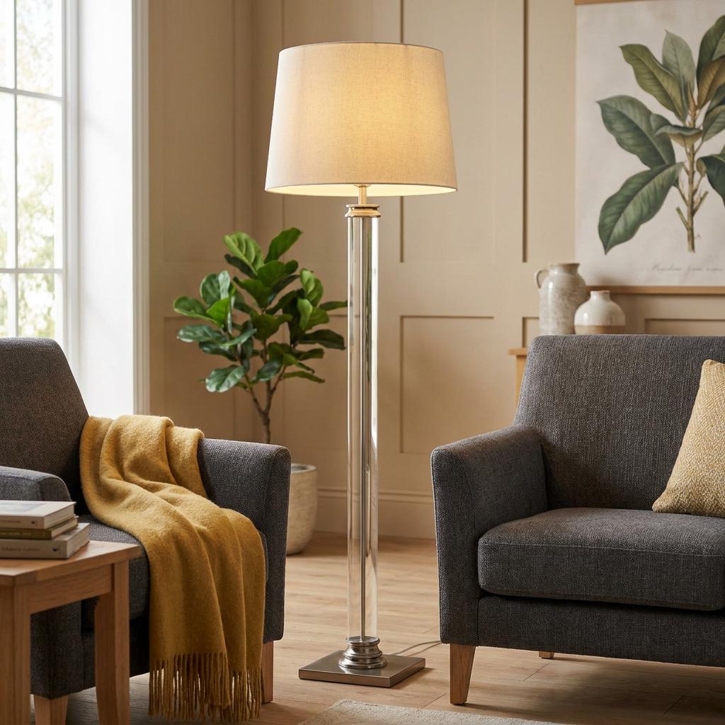 Pedestal modern satin silver floor lamp with a clear pillar base and cream shade between two grey armchairs.