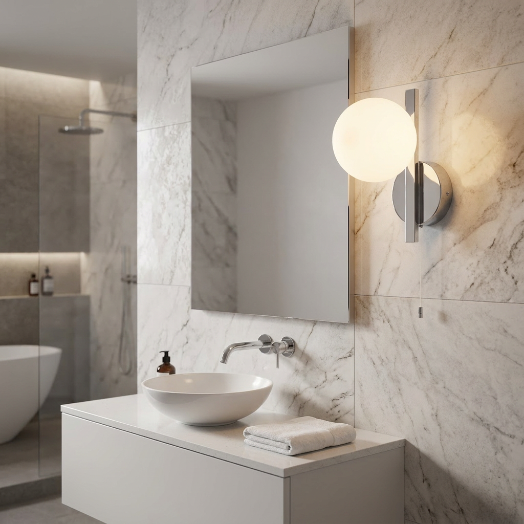Modern chrome wall light with opal glass globe and pull cord on a marble bathroom wall next to a mirror.