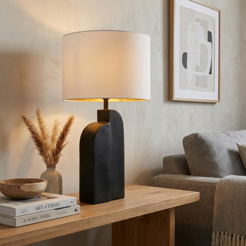 A modern table lamp with a matt black resin base and white linen shade on a wooden table beside a grey sofa.