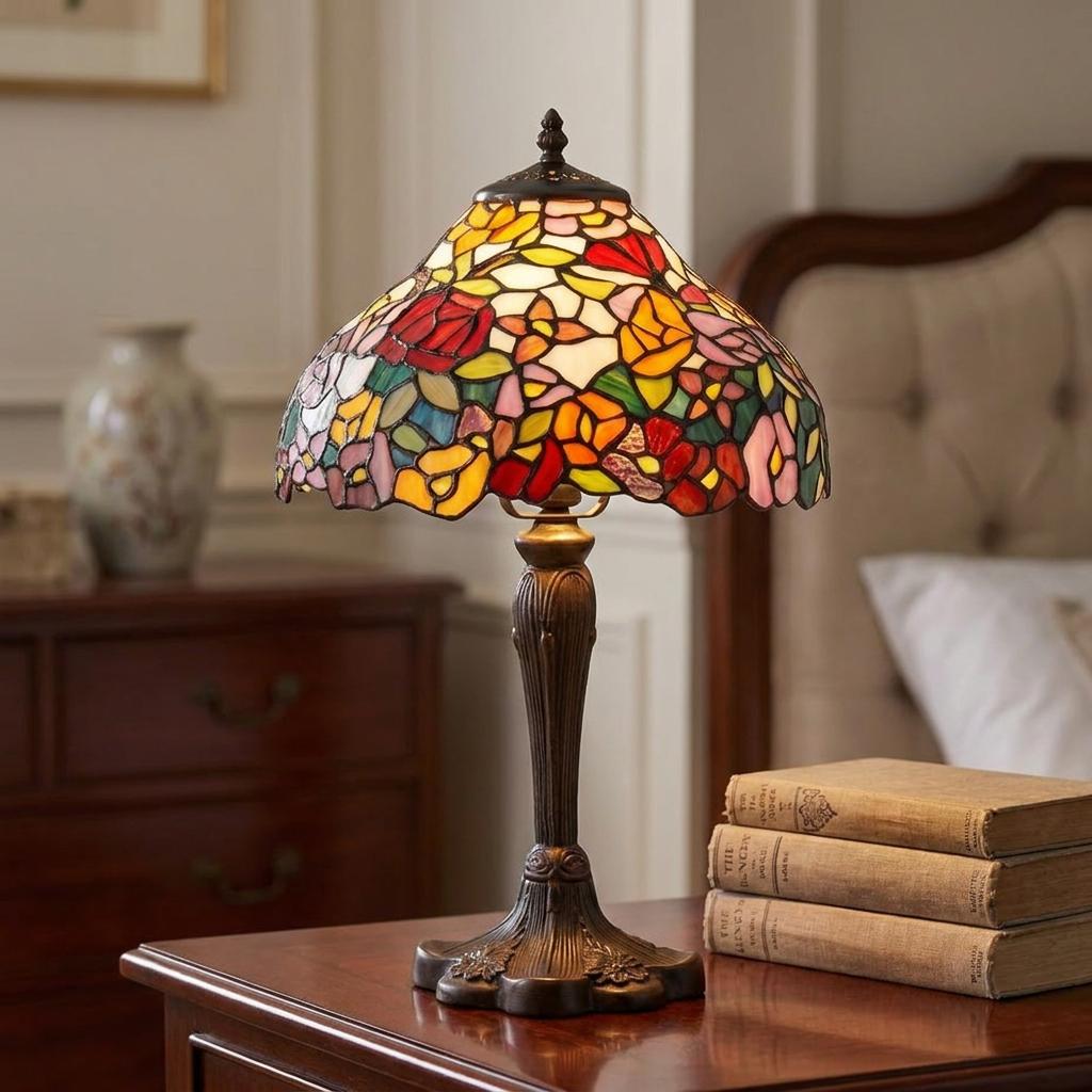 Perth Tiffany table lamp with a vibrant floral stained glass shade on a dark wood table.