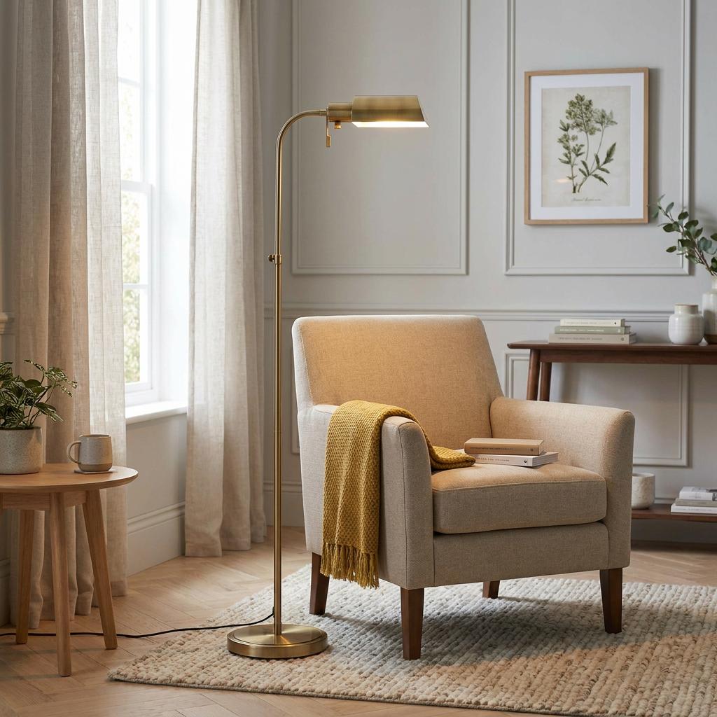 Antique brass pharmacy floor lamp illuminates a beige armchair with a yellow throw in a cozy living room.