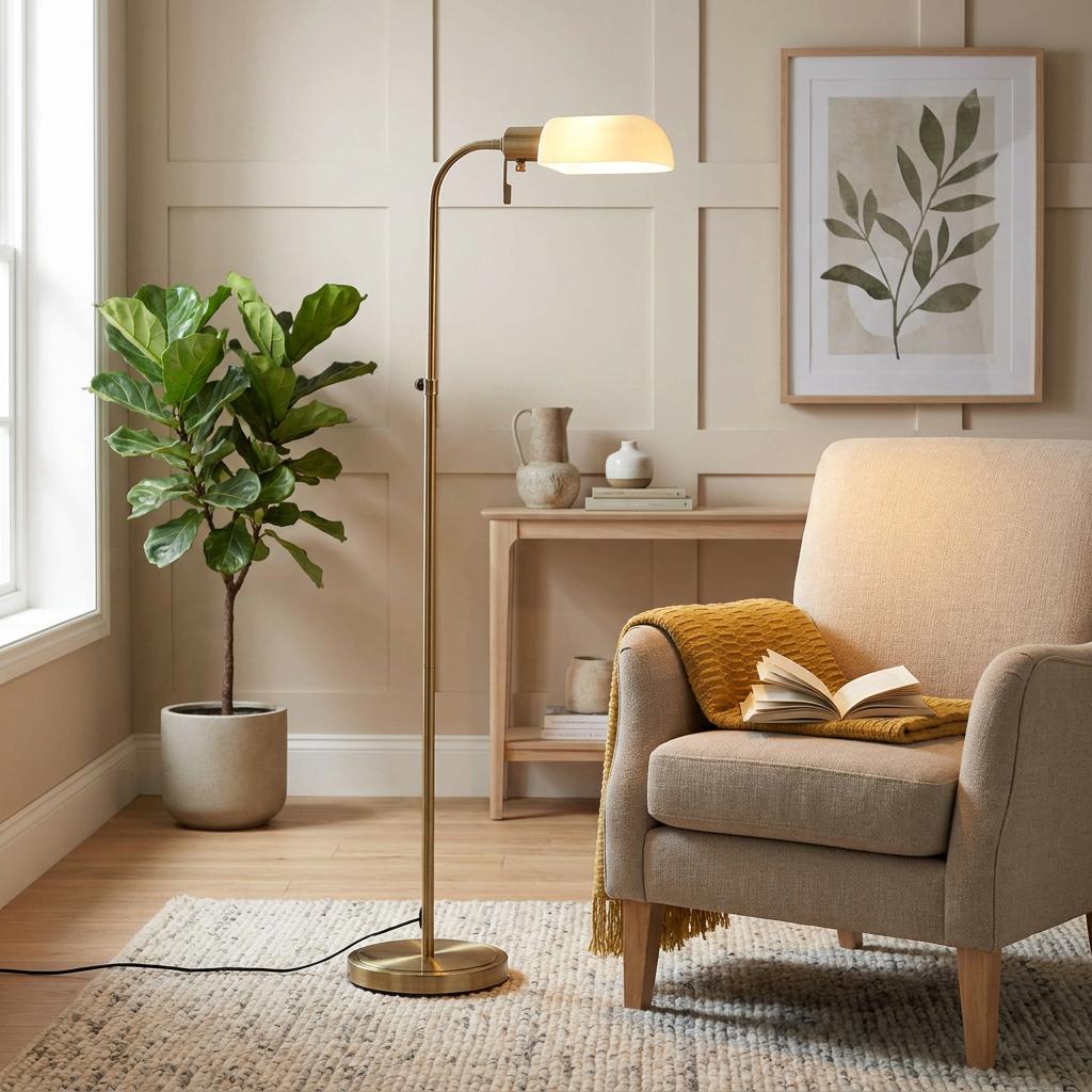Pharmacy Reader Brass Floor Lamp casting a warm light over a beige armchair in a minimalist living room corner.