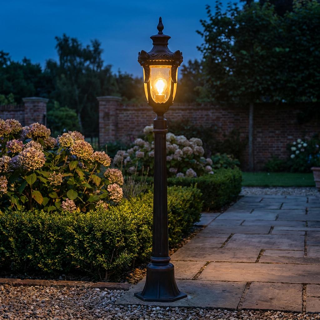 An ornate old bronze bollard light illuminates a stone path next to flowering hydrangeas in a twilight garden setting.