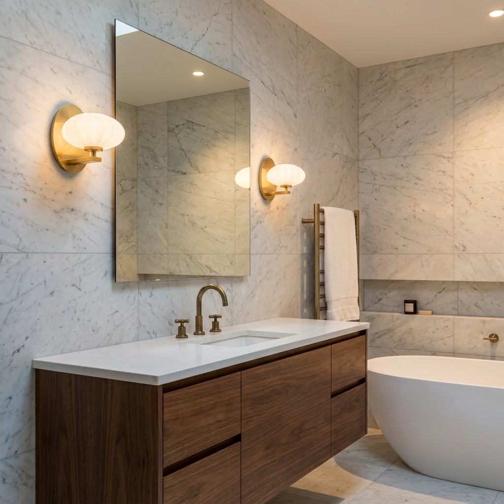 Pim 1 light gold wall lights with pleated glass shades flanking a mirror in a modern marble bathroom.