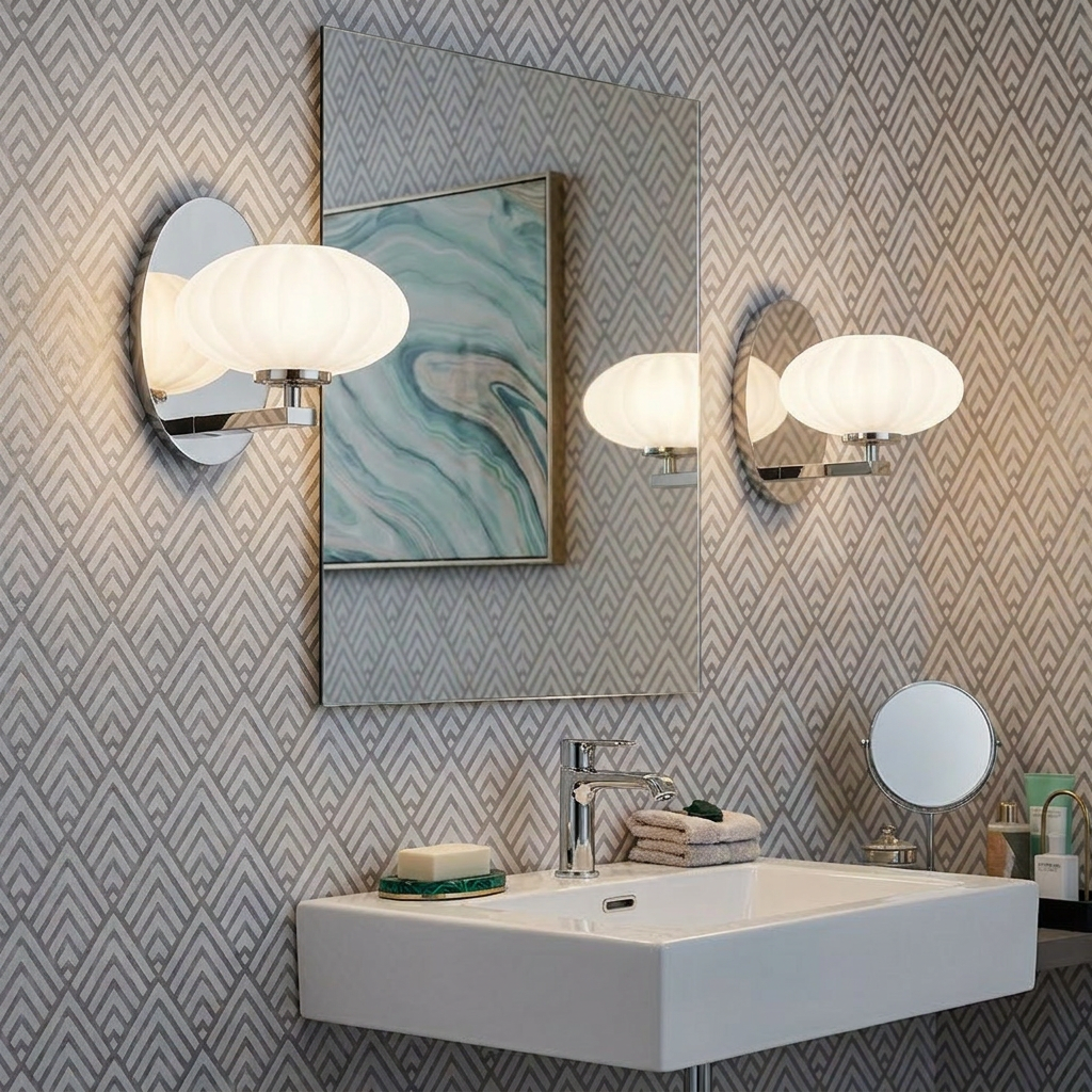 Two Pim wall lights with ribbed glass shades and chrome bases flanking a bathroom mirror above a white sink.