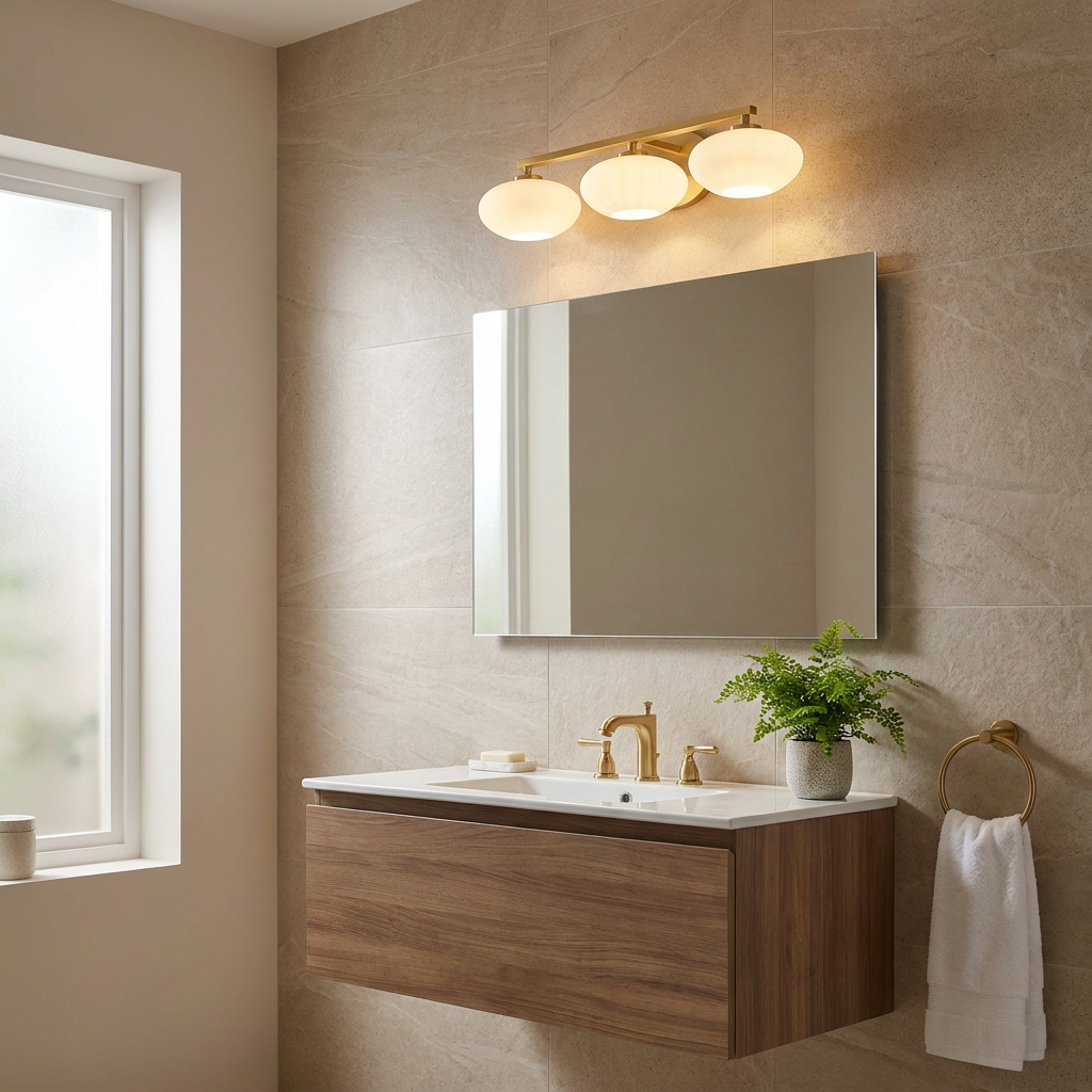 Pim 3 light gold wall light with frosted glass shades mounted above a bathroom mirror in a modern vanity setting.