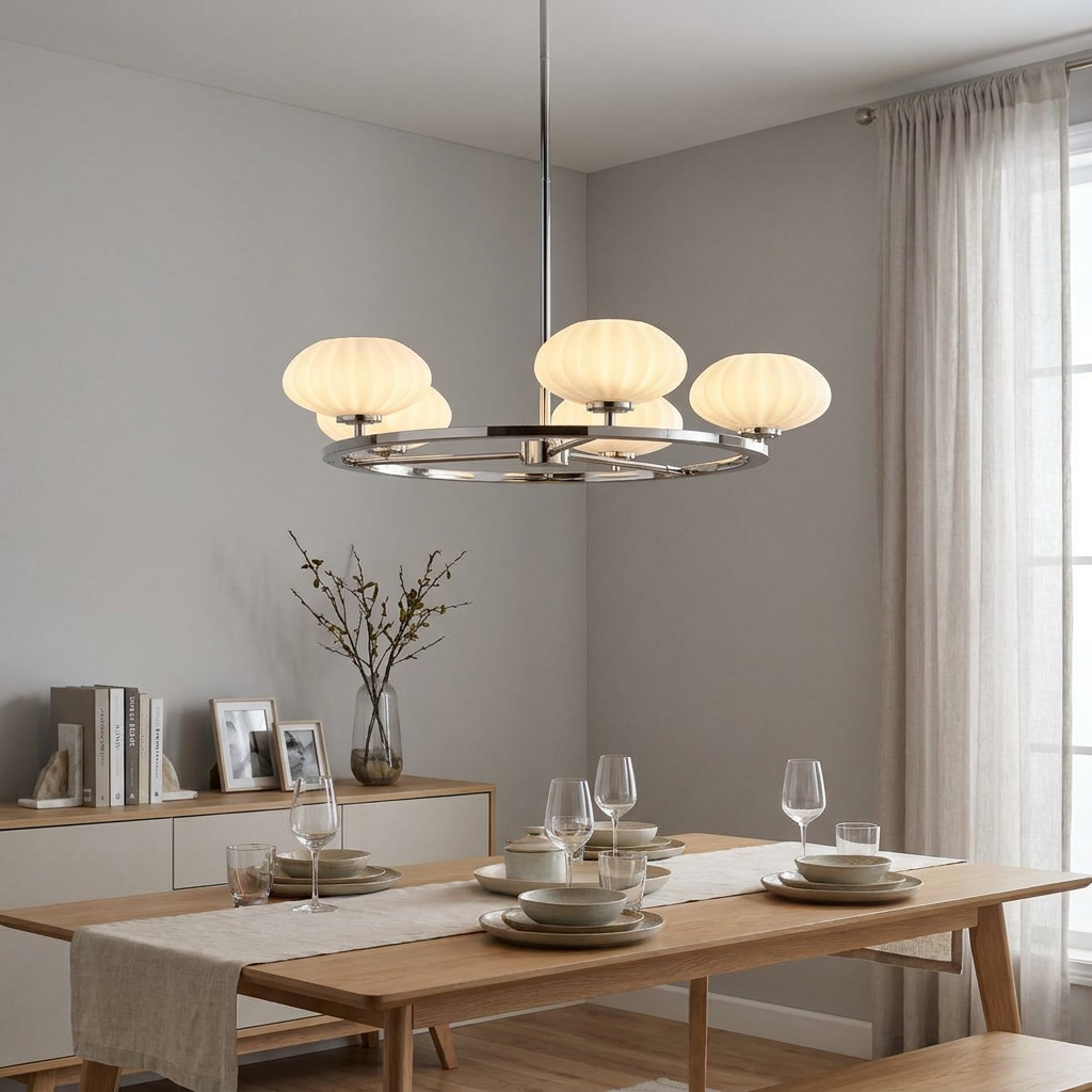 Pim 5-light polished chrome chandelier with ribbed glass shades hanging over a modern dining table.