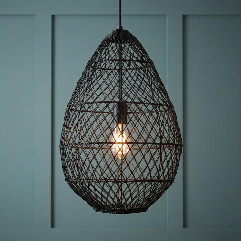 Teardrop-shaped black rattan pendant light with an illuminated bulb against a teal paneled wall.